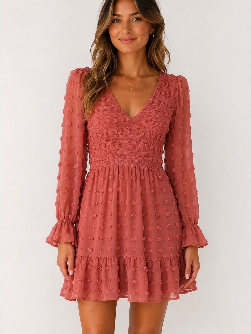 BTFBM Women's Rose Dust V-Neck Smocked Mini Dress Medium boho romantic vibes